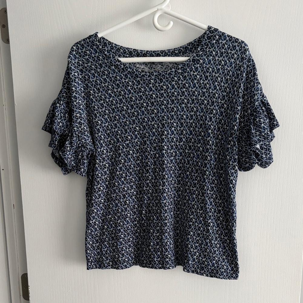 Liverpool Navy and White Ruffle Sleeve Blouse Top Small